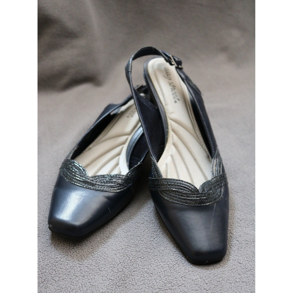 EASY STREET Kamy Slingback Pumps Women 8.5WW Navy Blue Kitten Heel Dress Shoes